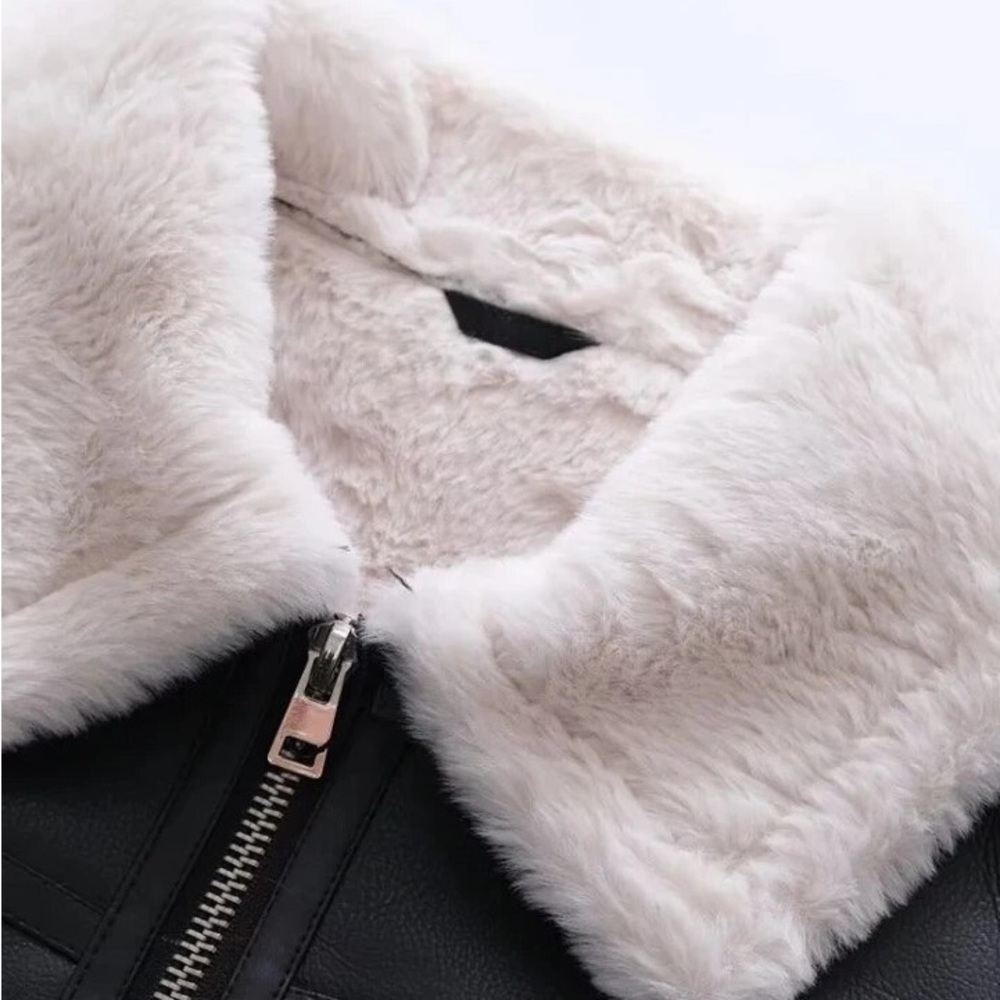 81 moto jacket faux leather faux fur zip up black coat jacket - Picture 6 of 13